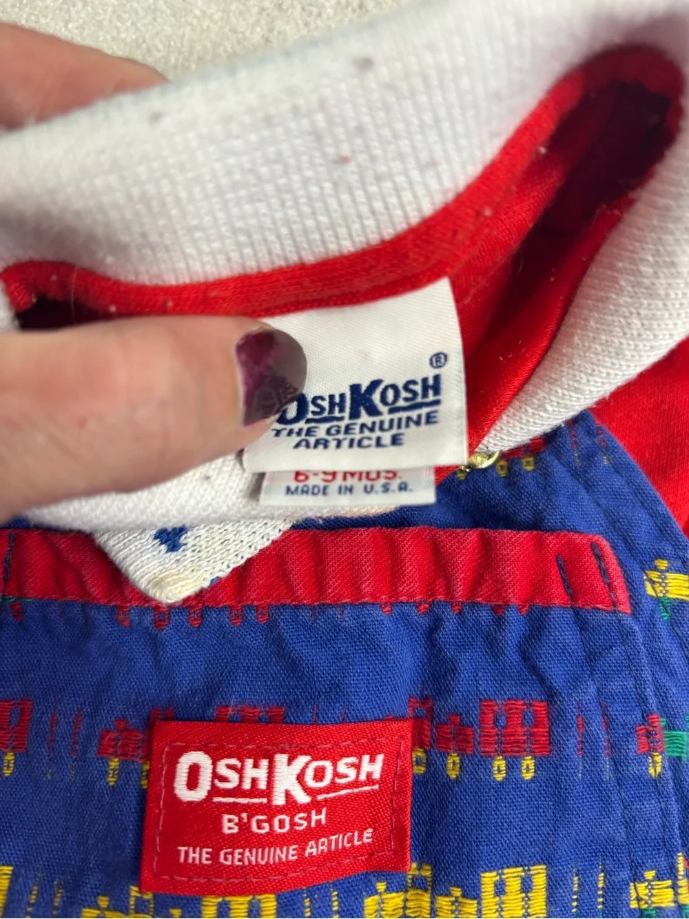 Vintage OshKosh B’Gosh Baby Train Shortall Outfit Set USA Red Blue 6-9 Months
